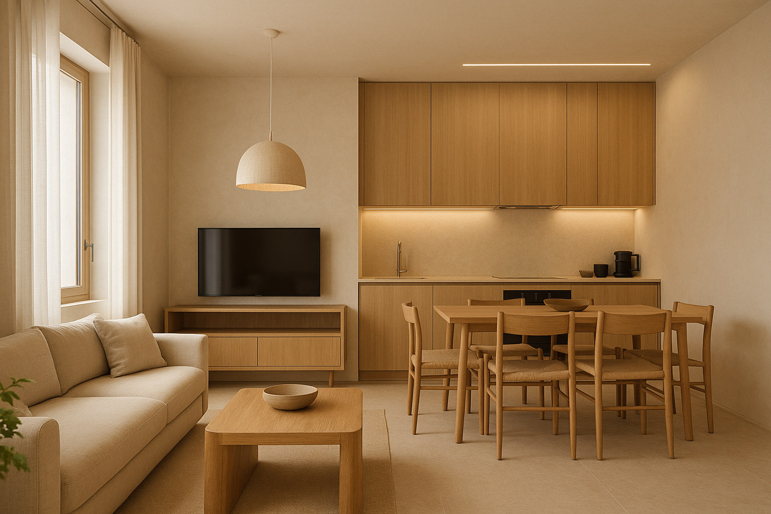 Salón comedor con cocina integrada, en el nuevo apartahotel FeelFree STAYS Basoa, en San Sebastián.