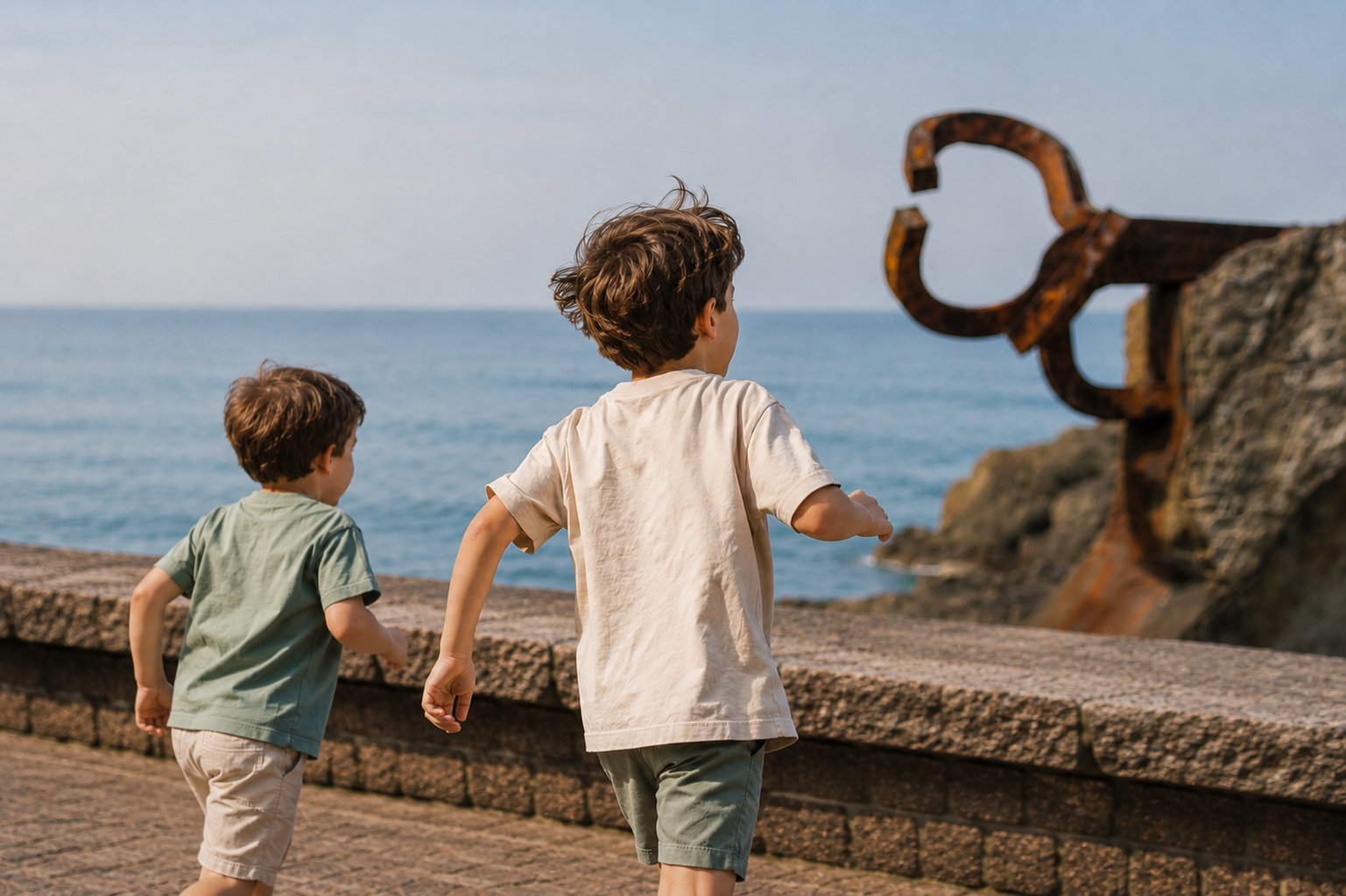 Two children playing at Peine del Viento, San Sebastián, near FeelFree STAYS Antiguo.