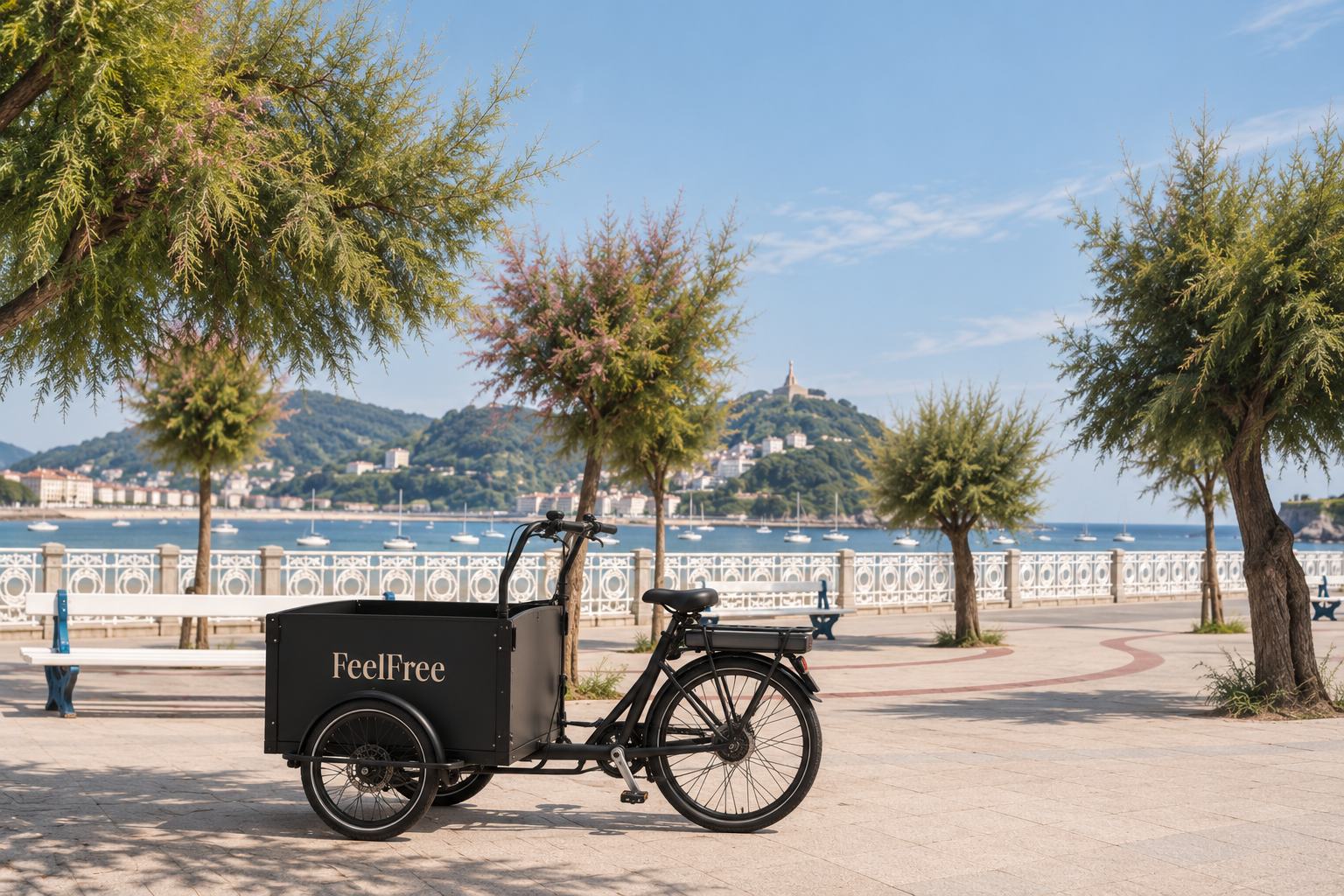 Bicicleta eléctrica de FeelFree junto a la bahía de La Concha en San Sebastián.